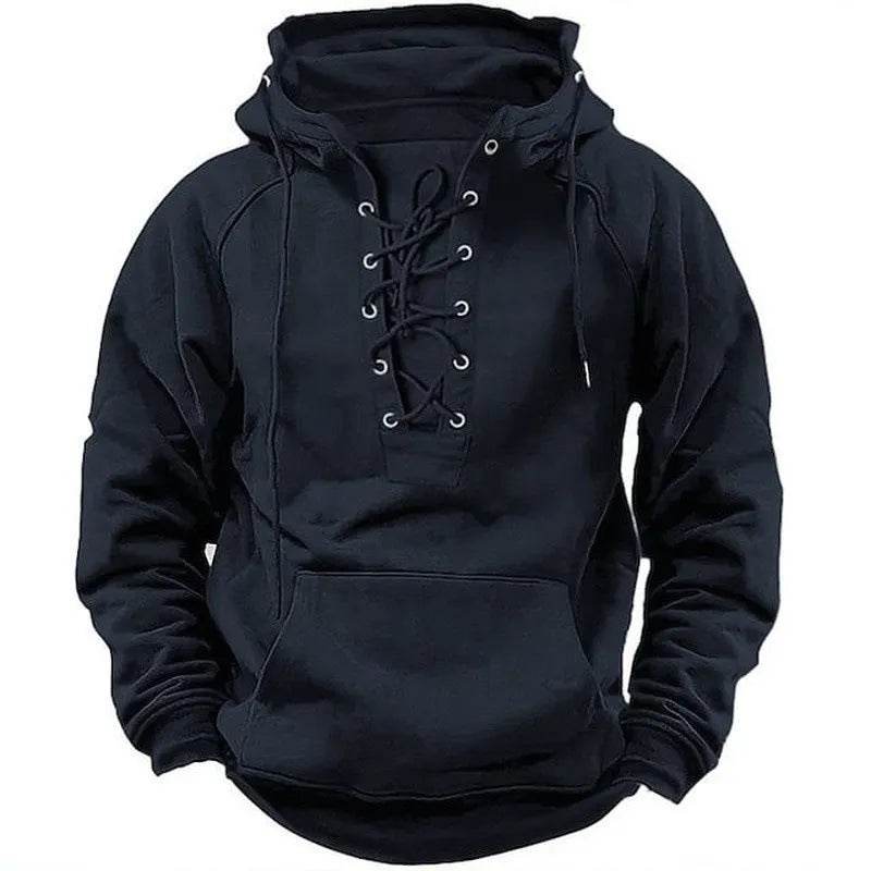 Men's Outdoor Retro Lace-up Hooded Long-sleeved T-shirt Casual Pullover top sweatshirt - EX-STOCK Canada