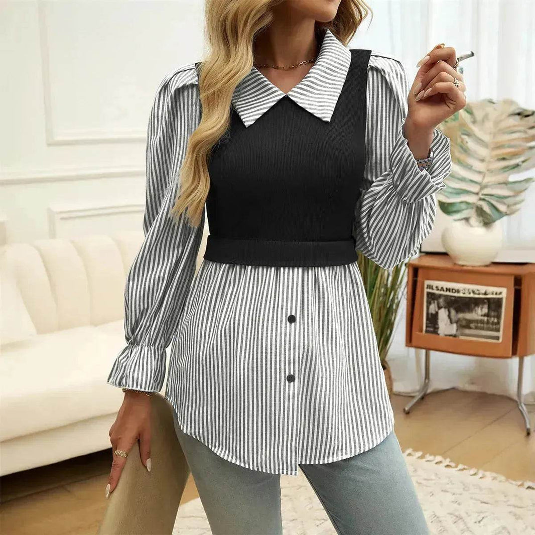 Women's Casual Contrast Color Stitching Long Sleeve Collar Ladies Evening Top - EX-STOCK Canada
