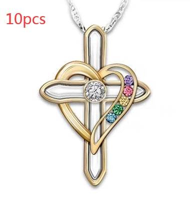 Cross Love Colorful Imitatio Gemstone Pendant Alloy Clavicle Chain Necklace - EX-STOCK Canada