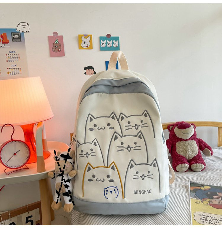 Korean Kawaii Cat School Backpack – Embroidered Nylon Bag, 5 Colours