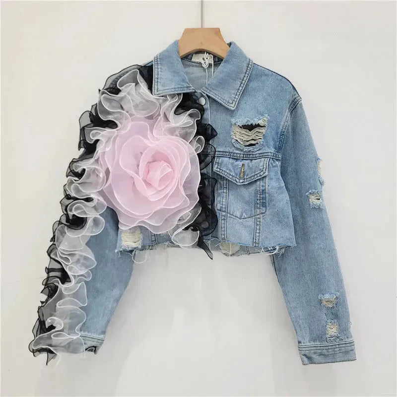 Elegant women fashion embroidered cropped Ripped blue Denim Jacket