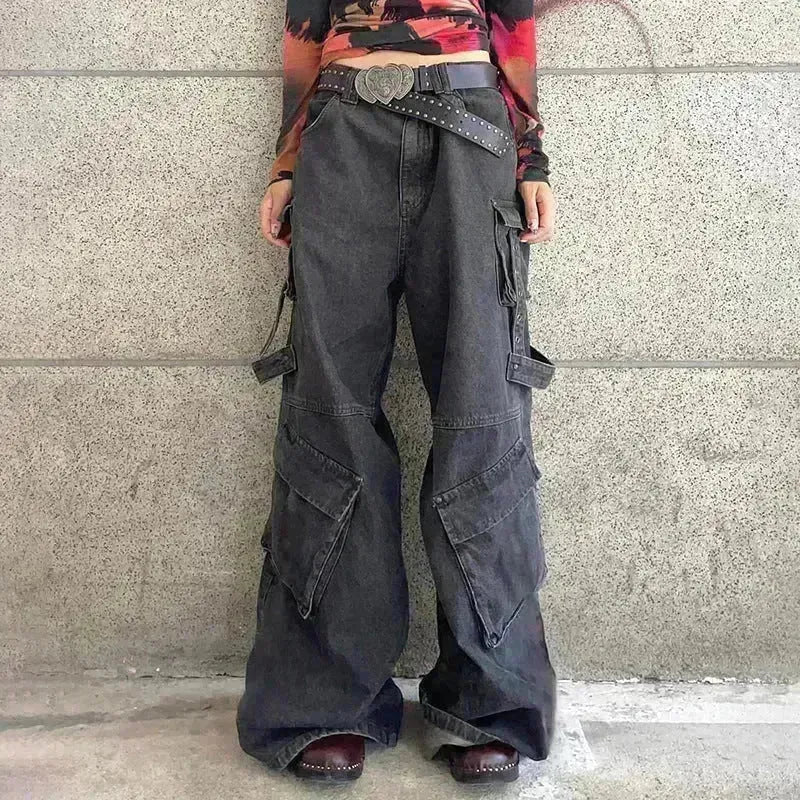 Ribbon Multi-Pocket Workwear Baggy Jeans Pant pour les femmes