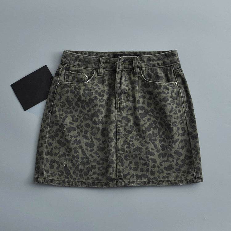 Leopard Print Mini Denim Skirt Women's High Waist Pencil Skirt - EX-STOCK Canada