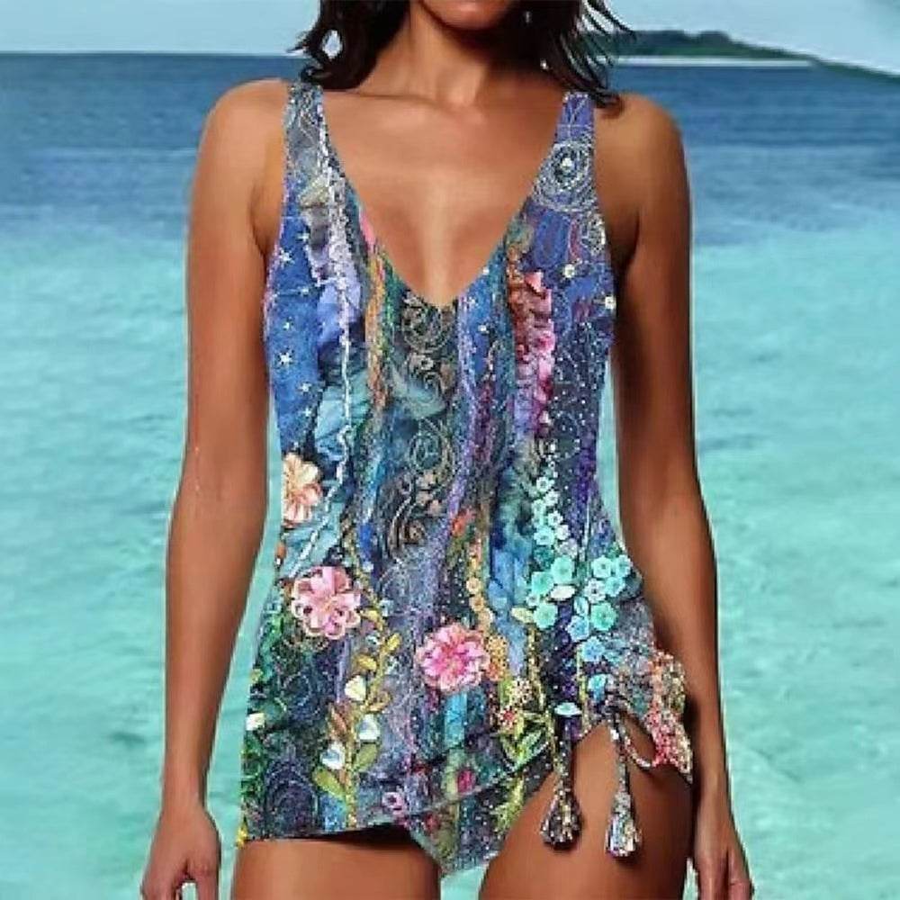 Bikini Beach Print Suspender Swimsuit Suit - EX-STOCK Canada