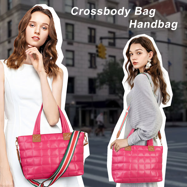 حقيبة توت مبطنة للنساء بسحاب، حقيبة مبطنة ومنفوخة خفيفة الوزن قابلة للحمل على الكتف مع حزام - ورديEX-STOCK Canada