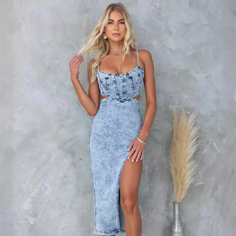 Women's Fashion Personalized Sleeveless Sling Denim Split Midi fitted Dress - EX-STOCK Canada