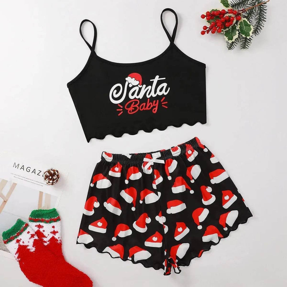 Christmas European And American Thin Pajamas Women's Sleeveless Shorts Milk Silk Simple Casual Two-piece Suit Homewear - EX-STOCK Canada