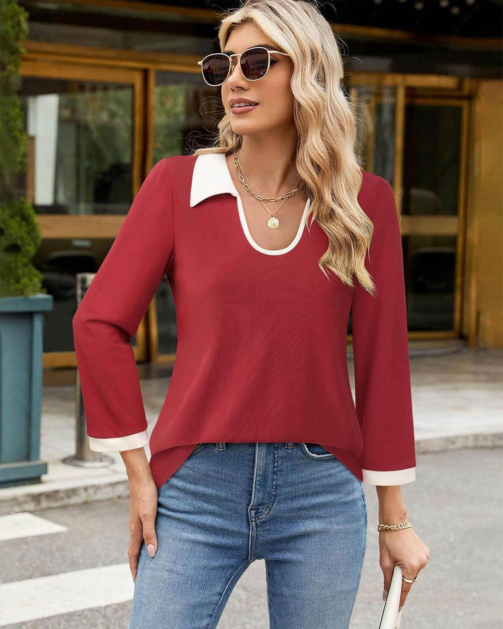 Casual Color Matching Lapel Long Sleeve Blouse Top Women - EX-STOCK Canada