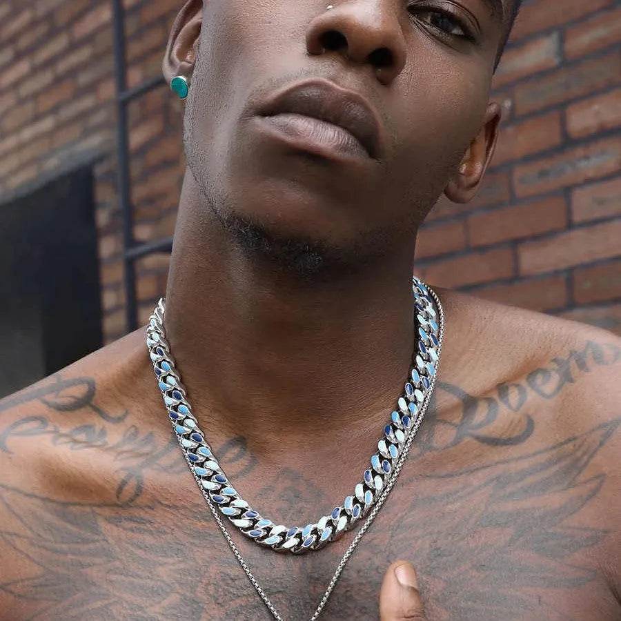 Blue Stitching Hardened Cuban Link Chain Necklace - EX-STOCK Canada