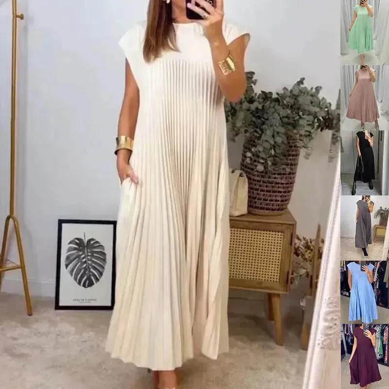 open lace back dress Short Sleeve Pleated Long Dress Summer Round Neck Dress Women's Clothing Beige / L