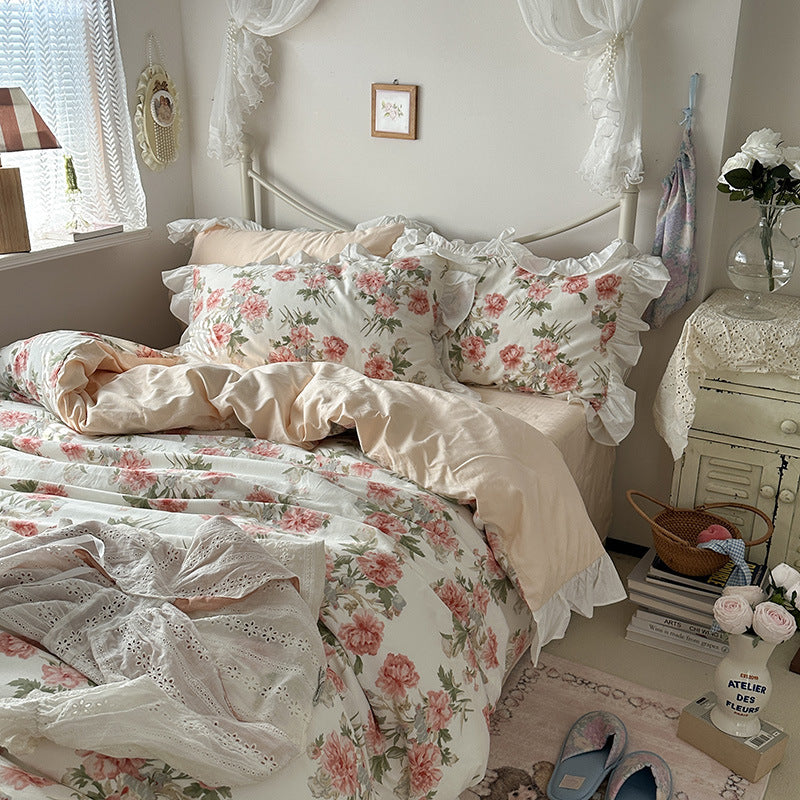 Princess Style Ruffled Pure Cotton French Floral Minimalist Bed Sheet Duvet Cover Bedding EX-STOCK Canada