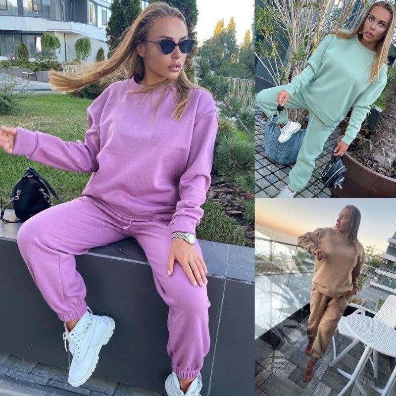 2pcs Ladies Athleisure wear Long sleeve Round neck Sweatsuit set