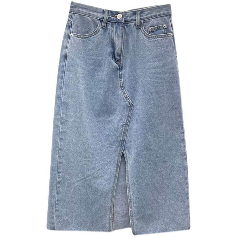 Casual Front Slit Dark Blue and Light Blue Denim Midi Skirt for women - EX-STOCK Canada