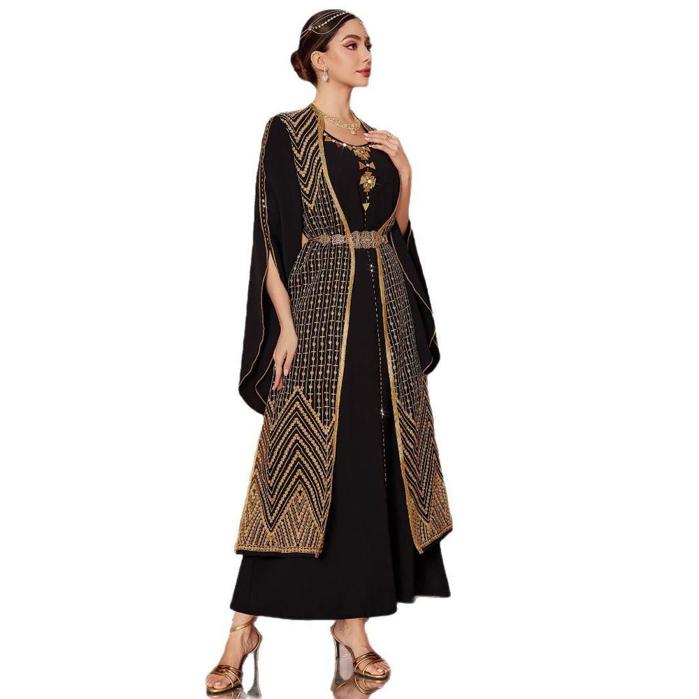 Robe arabe vintage noire fausse en deux pièces avec broderie dorée - EX-STOCK Canada