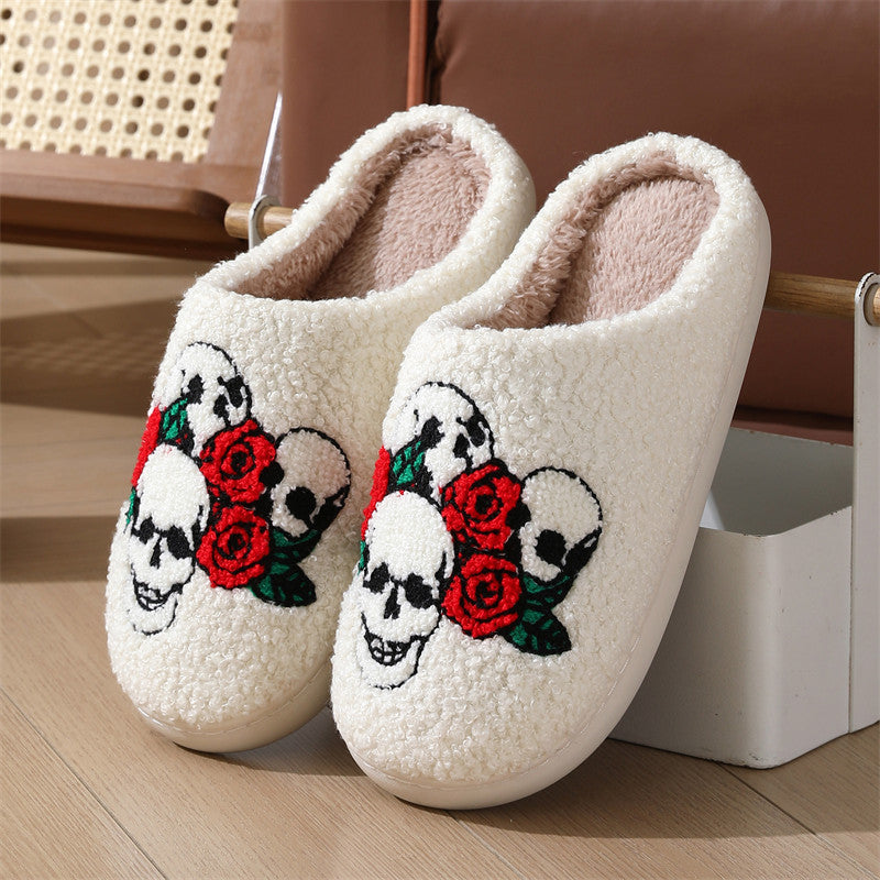 Halloween Skull Rose Slippers Winter Warm Indoor Floor Bedroom Home Slipper For Women EX-STOCK