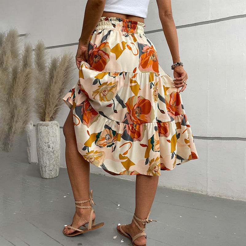 Women's Floral Tiered Midi Skirt Elastic Waist Dressy Casual A-line Flowy Boho Skirts - EX-STOCK Canada