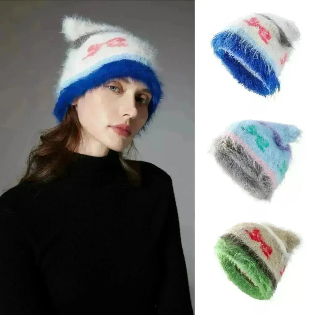 Cute Cat Ears Knitted Hat Earflaps Slipover Woolen Cap Beanies - EX-STOCK CANADA