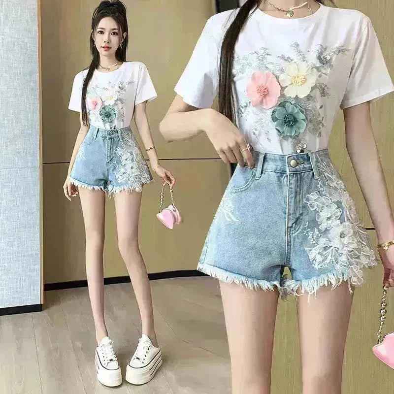 Short en jean de fleurs brodées exquises pour femmes