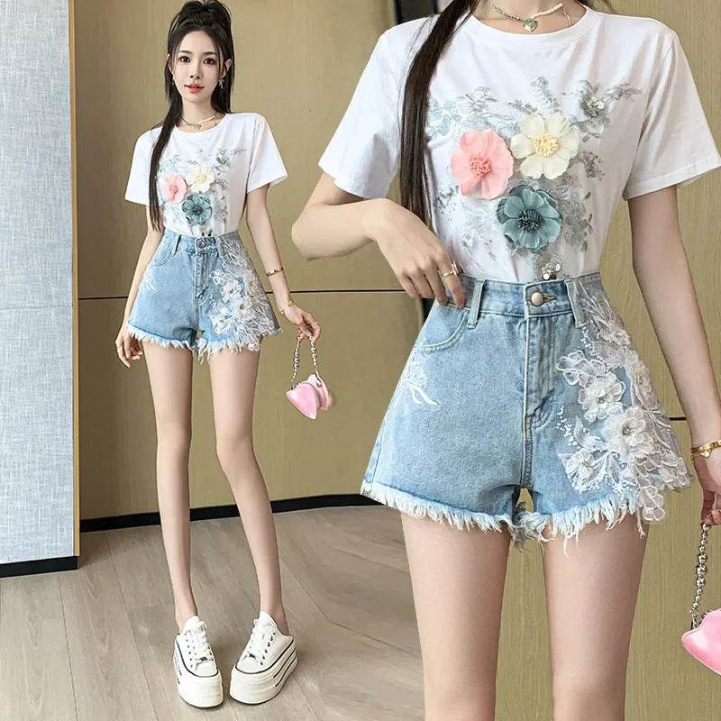Exquisite Embroidered Flowers Denim Shorts For Women - EX-STOCK Canada