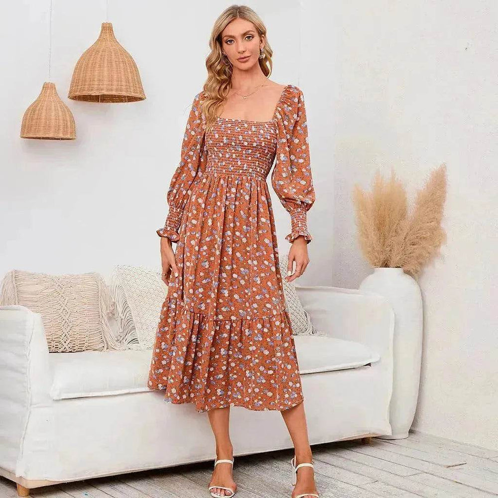 Chiffon European And American Square Collar Horn Printing Comfortable Floral Skirt - EX-STOCK Canada