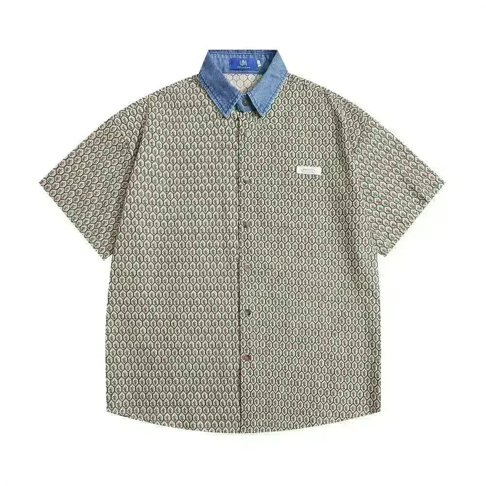 Color Contrast Patchwork Lapel Plaid Casual Short-sleeved Shirt - EX-STOCK CANADA