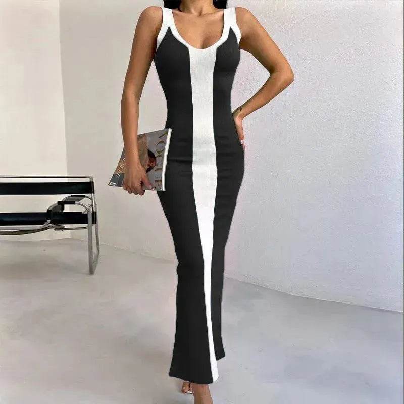Contrast Color Knitted Mid-length Tight Braces Dress Women - EX-STOCK Canada