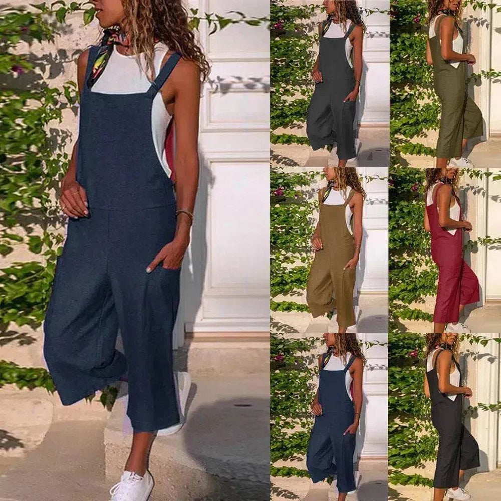 Cotton And Linen Casual Loose Long Wide Leg Jumpsuit - EX-STOCK CANADA