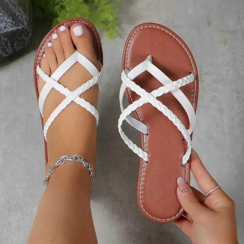 Cross-woven Design Thong Sandals Summer Flat Shoes Women Flip Flops Slides Casual Vacation Beach Slippers - EX-STOCK Canada