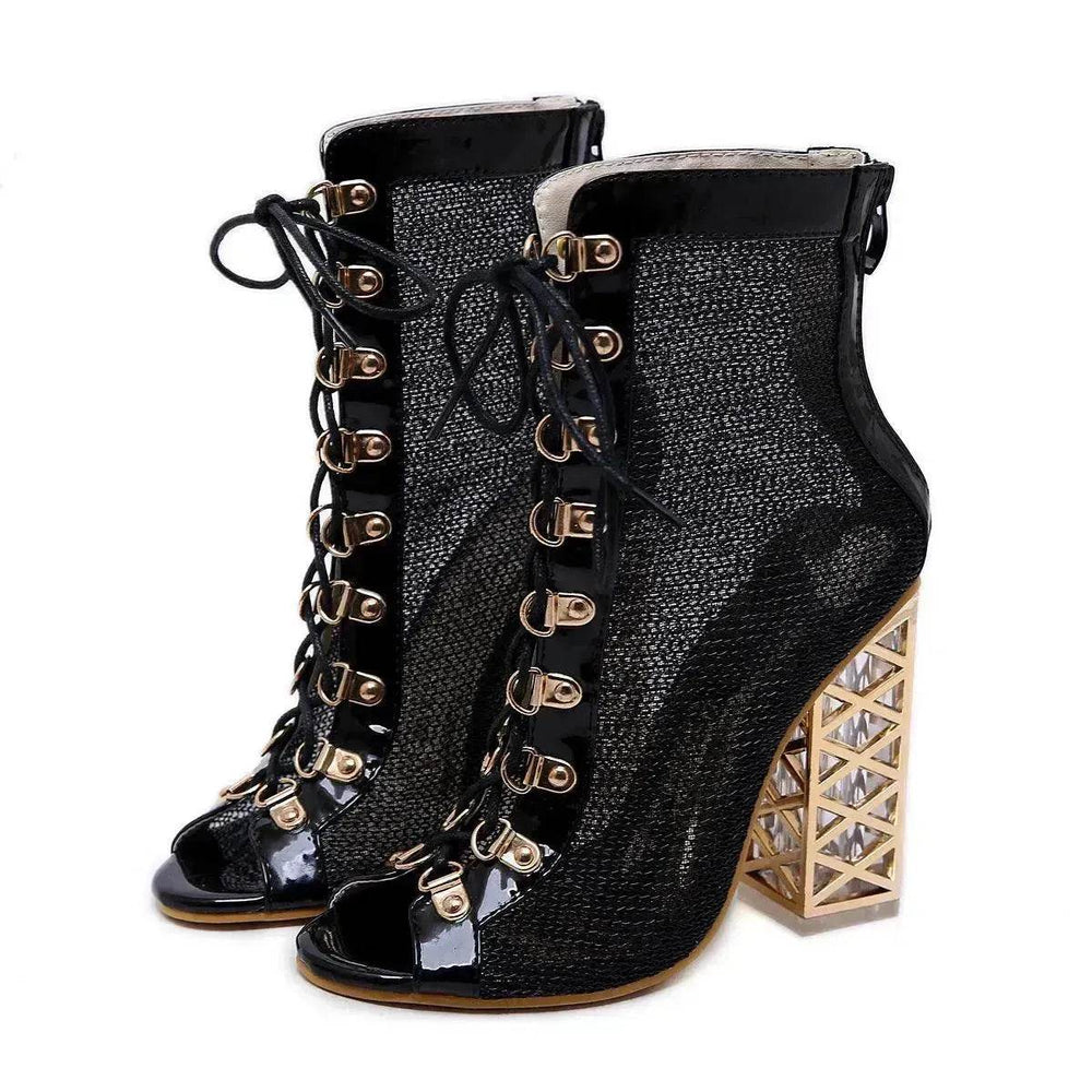 Crystal thick Fish Mouth mesh hollow high Chunky heel Boot - EX-STOCK Canada