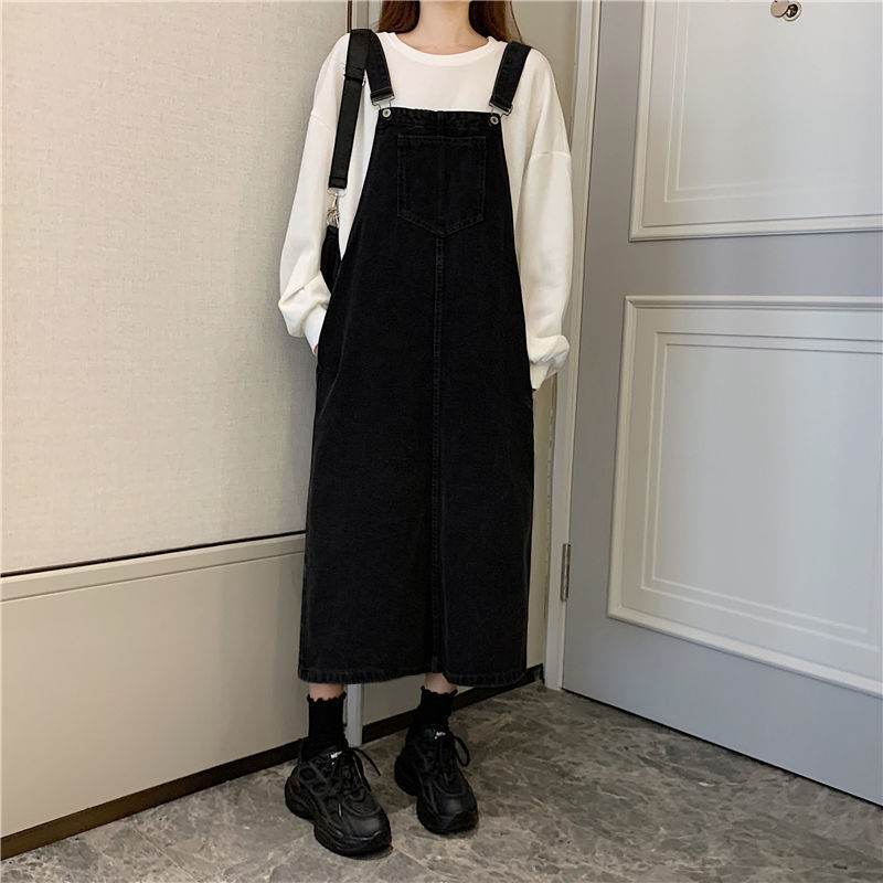 Student Denim Shoulder Strap Spring And Autumn Plus Size Mid-length Sling Black Denim Jumper Dress - EX-STOCK Canada