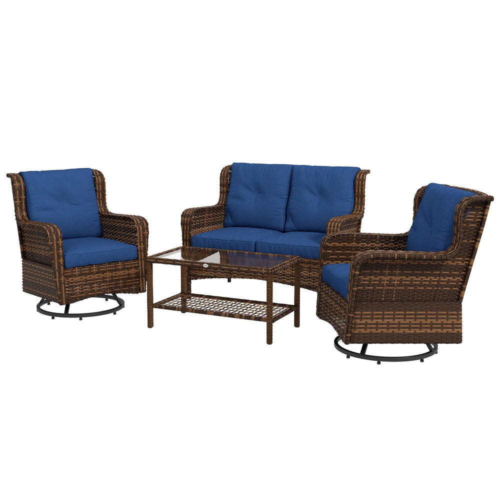 4-teiliges Rattan-Gartenmöbel-Set, Gesprächsset mit drehbaren Schaukelstühlen, Tisch und Zweisitzer für Garten, Terrasse, BlauEX-STOCK Canada