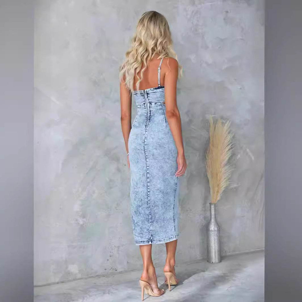Women's Fashion Personalized Sleeveless Sling Denim Split Midi fitted Dress - EX-STOCK Canada