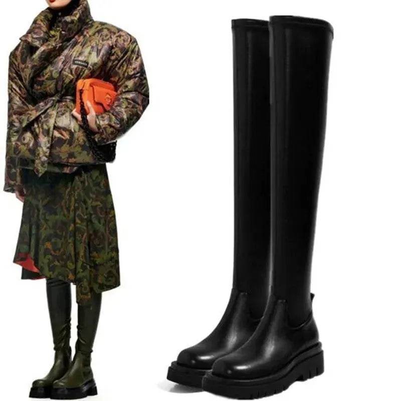 Thick Sole Knee High Boots For Women Chunky Heel Black Long Boots Leather Knight Boots Fashion Winter Shoes - EX-STOCK Canada