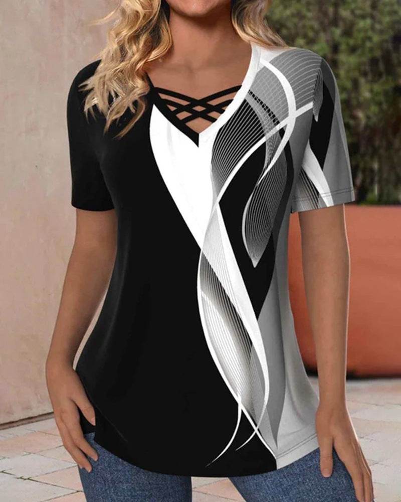 Fashion Printed V-neck Short-sleeved tunic Top For Women - EX-STOCK Canada
