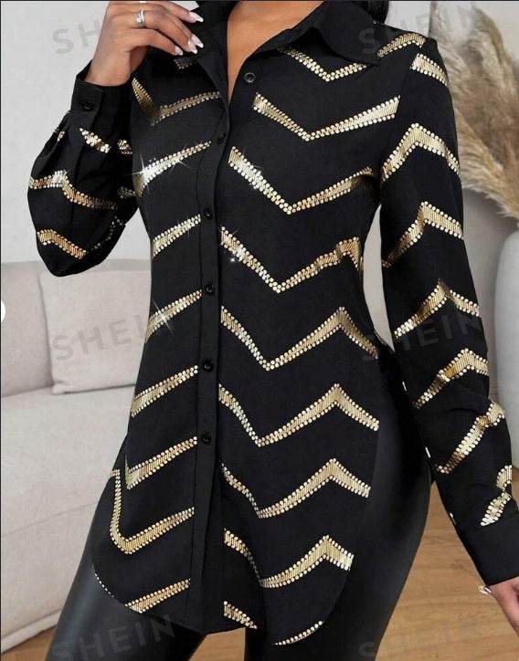 Lyxana Open Placket Foil Print Random Cut Shoulder Long Sleeve Cinched Waist Blouse Women tunic Shirt - EX-STOCK Canada