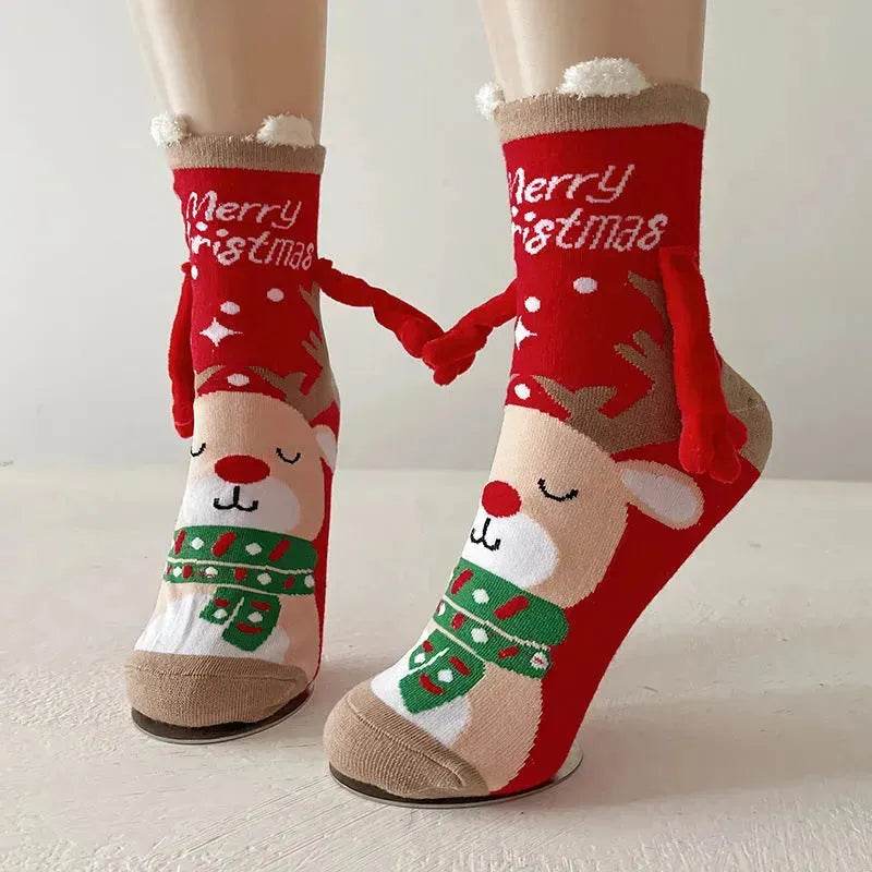 Christmas Magnetic Socks Cute Elk Santa Claus Snowman Hand-holding Socks For Couple - EX-STOCK Canada