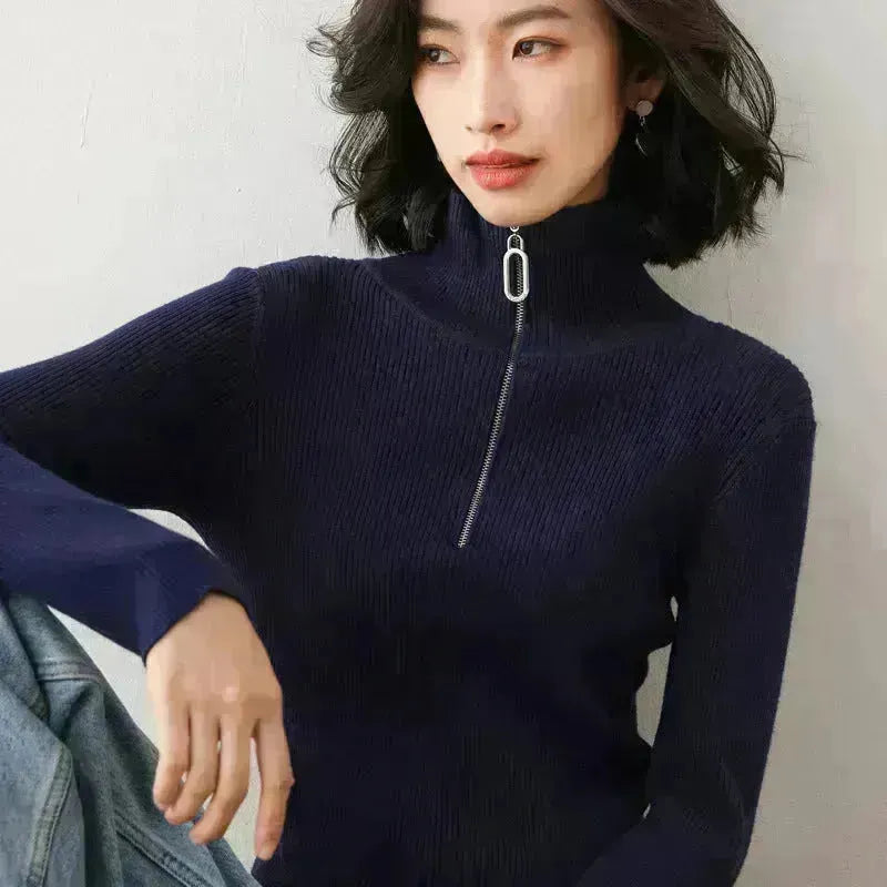 Femmes automne hiver slim ajustement haut cou half-zip tricot tricot toit