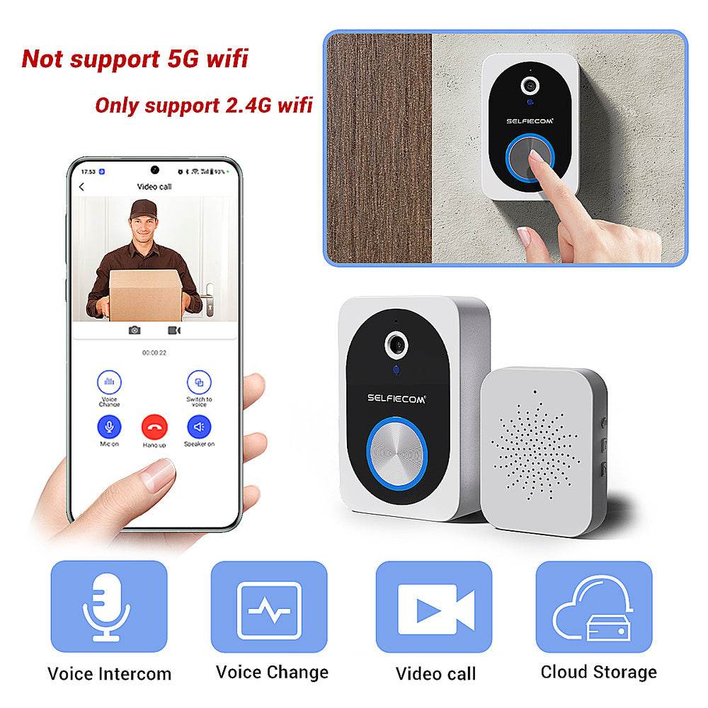 D10 Intelligent Wireless Doorbell Camera With Rechargeable Battery, Two-way Audio, 2.4G Wi Fi, APP Remote Intercom, Free Rolling Cloud Storage Built-in Battery - EX-STOCK Canada