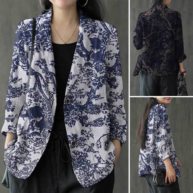 Women's floral Cotton Linen jacket Pocket Blazer - EX-STOCK Canada