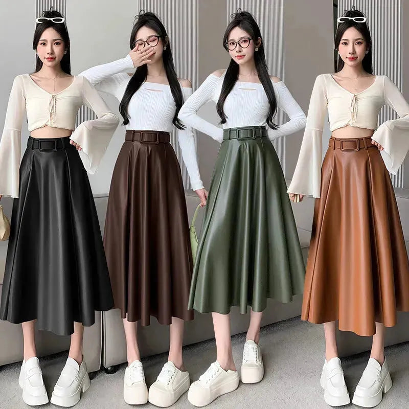 Elegant women High waist Flared Midi PU Leather skirt - EX-STOCK CANADA
