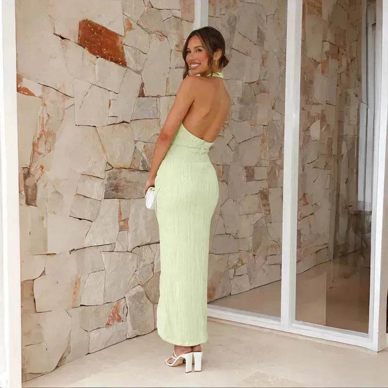 Halter Neck Split Long Dress Summer Slim Fit Backless Dresses Solid Split High neck Long Bodycon Dress Women's Clothing - EX-STOCK Canada