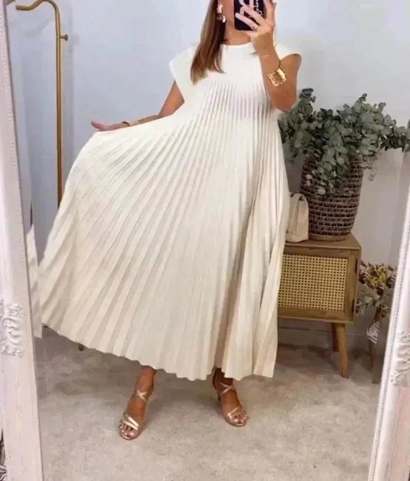 Women Summer Pleated Maxi Dress Casual Short Sleeve Crewneck Flowy Swing Long Dress with Pockets - EX-STOCK Canada
