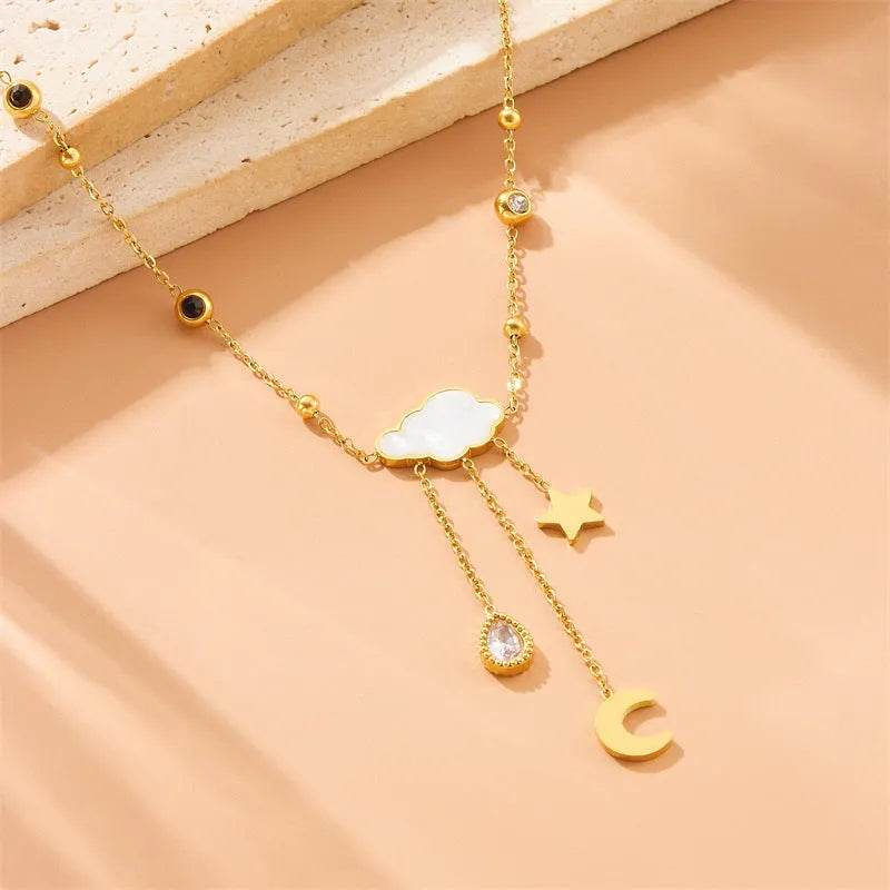White Shell Cloud Star Moon Long Fringe Water Drop Fashion Necklace - EX-STOCK Canada