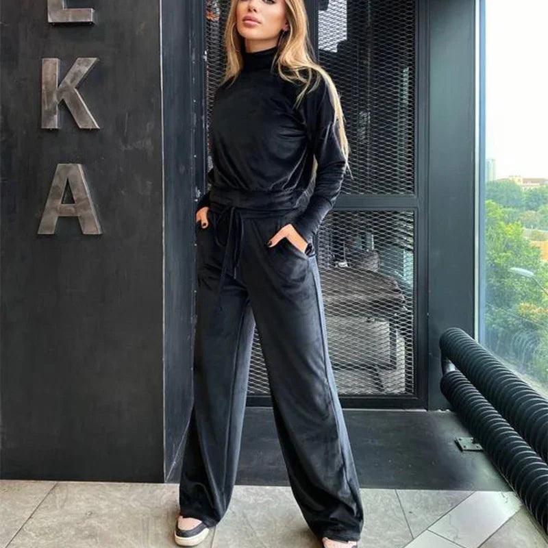 Silver Fox Velvet Turtleneck Long Sleeve Top Drawstring Trousers Suit EX-STOCK Canada