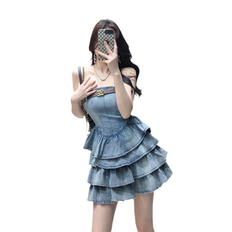 Women's sleeveless tube Denim High Waist Slimming Jeans layered flared mini Dress - EX-STOCK Canada