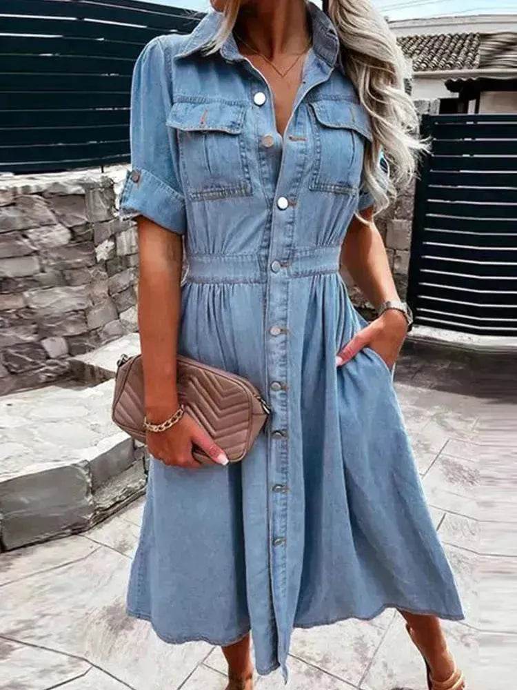 Women's Lapel Breasted Slim-fit Slimming Temperament Blue Denim Midi Skater Dress - EX-STOCK Canada