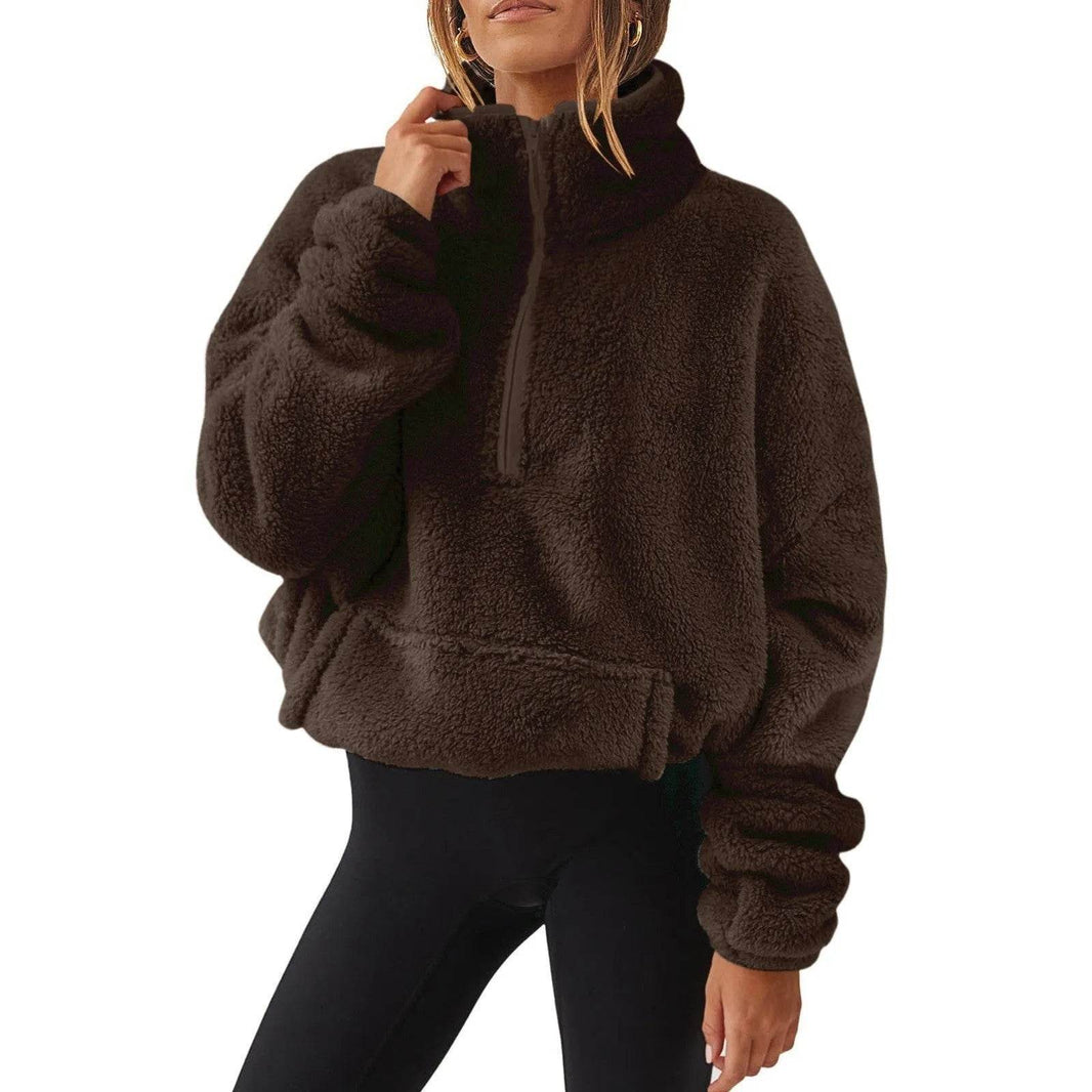 European And American Velvet Fleece-lined Women's Half Zipped Stand Collar Sweater - EX-STOCK CANADA