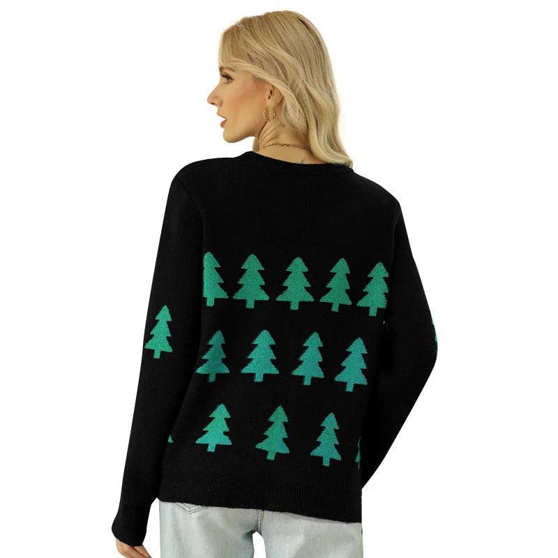 Pull de Noël rouge pour femmes à manches longues avec motif jacquard d'arbre de NoëlEX-STOCK Canada