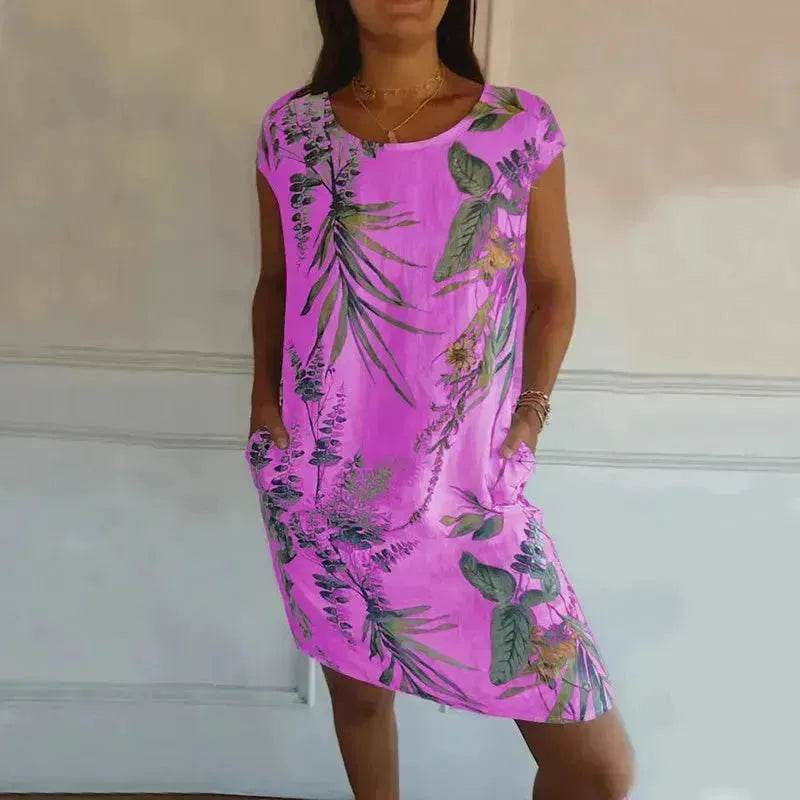Casual Floral Printed Straight Dress Summer Loose Round Neck Short Sleeve Midi Dresses Womens Clothing - EX-STOCK Canada