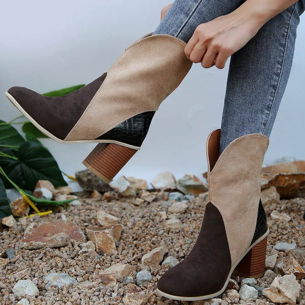 Fashion Splicing Suede Boots Retro Pointed-toe Square High Heel Mid-calf Boots For Women Fall And Winter Shoes - EX-STOCK Canada